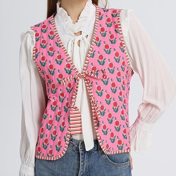 Amazon Cropped Floral Quilted Puffer Vest Printed Padded Gilet Outwear Small - Picture 1 of 13